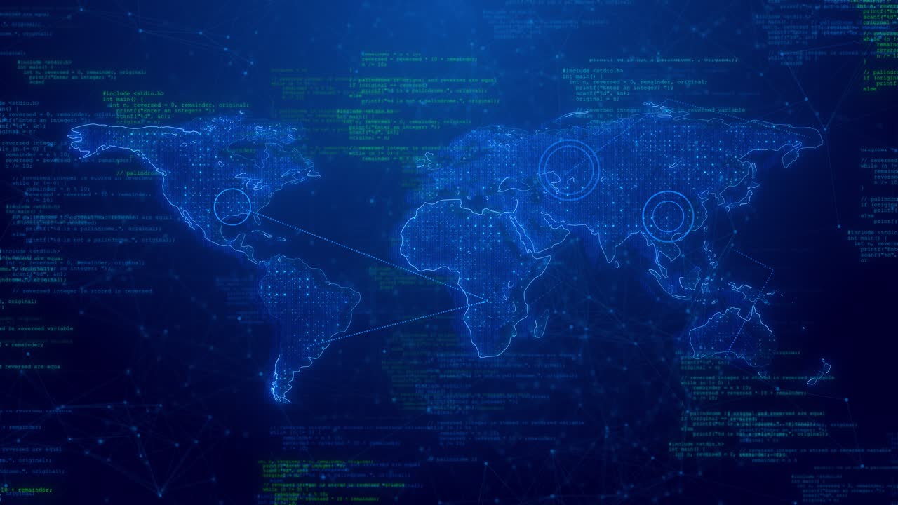 Digital world map animated code lines continents connected glowing plexus lines symbolizing global