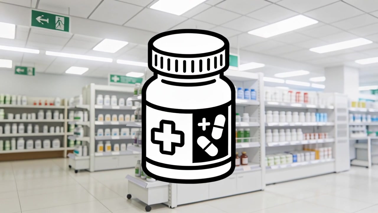Panning camera shifting left across pharmacy aisles, showing medicine bottle icon centered