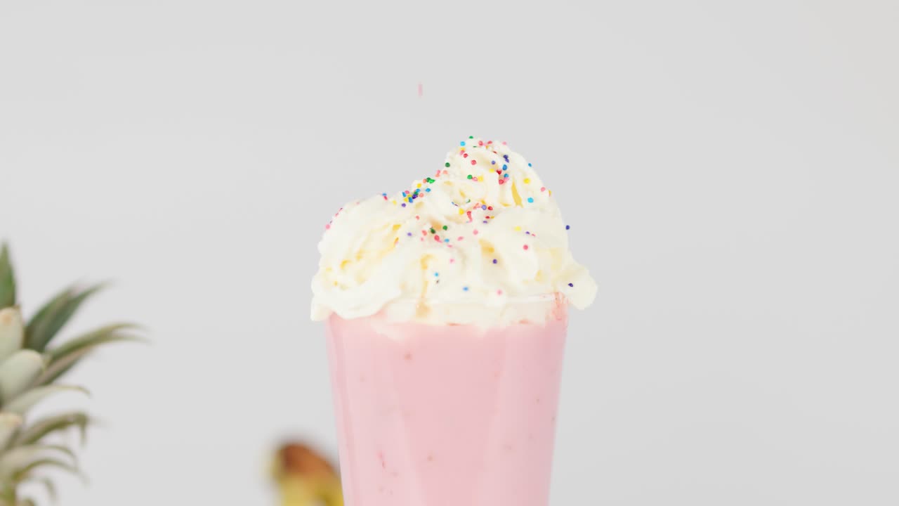 Colorful sprinkles land on whipped cream-topped pink smoothie in bright, minimal studio lighting