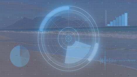 radar scanning animation over beach scene with bar and pie charts