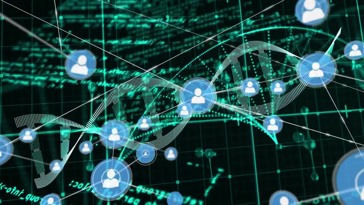 First blue node appearing, digital DNA helix and avatar nodes pulsing, connecting to map genetics