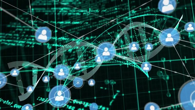 First blue node appearing, digital DNA helix and avatar nodes pulsing, connecting to map genetics