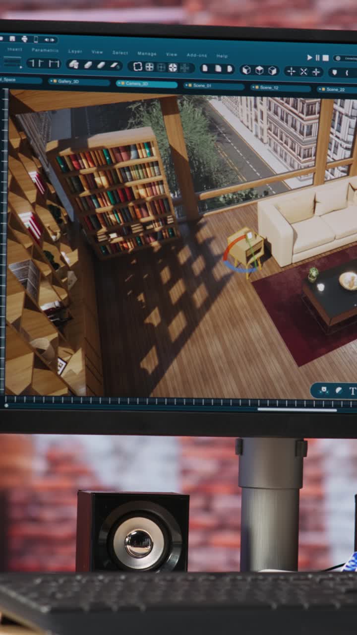 Vertical video Close up of CAD program used for modelling room virtual furniture