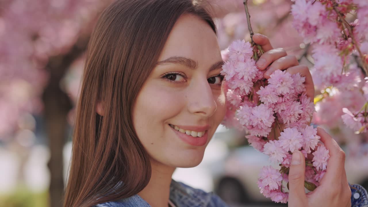 Woman enjoying cherry blossoms