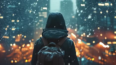 una persona con una mochila de pie en la nieve frente a una ciudad por la noche