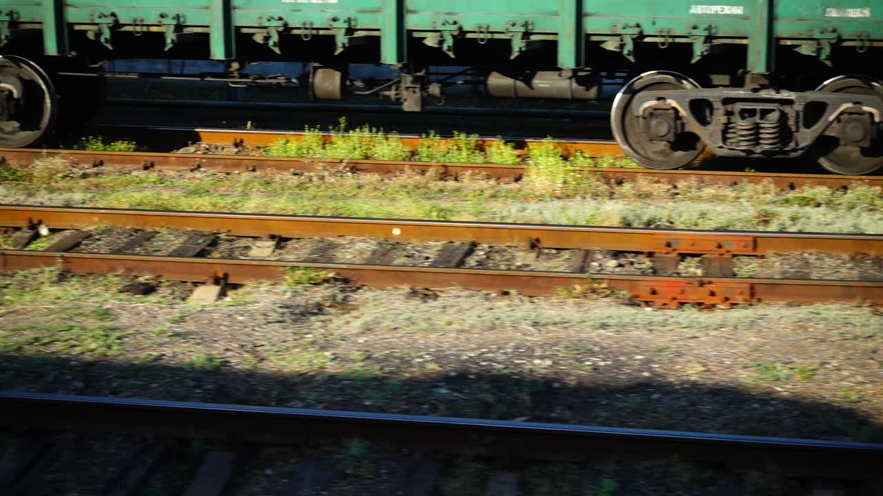 Cargo carriage of the railway train. Shooting in the movement