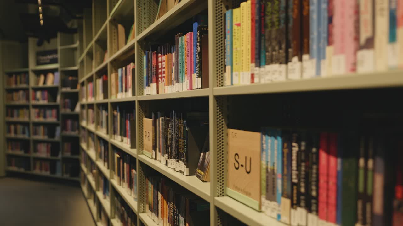 Rows of bookshelves filled with colorful books in the Deichman Library, creating a cozy and intellectual atmosphere.