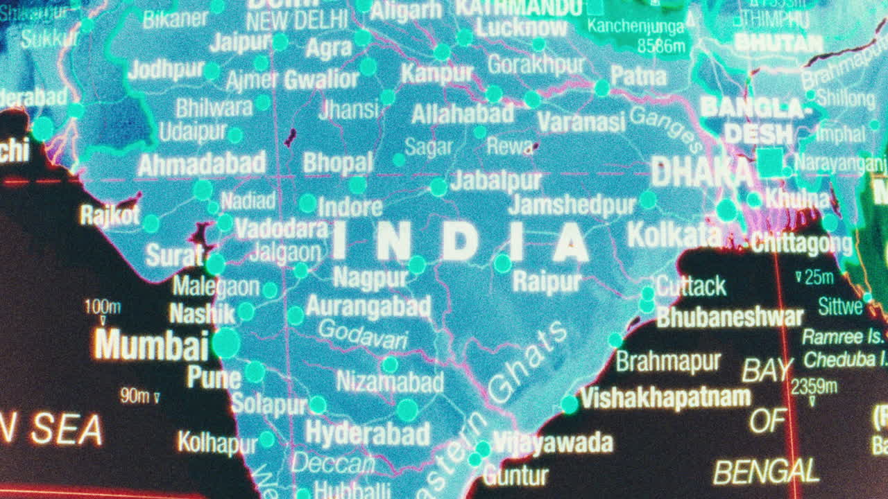 A detailed close-up map showing India and its major cities