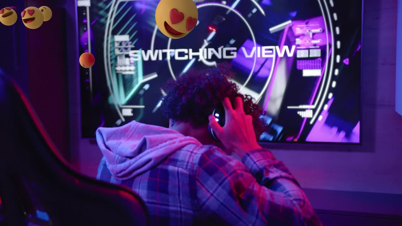 Gamer placing headset, activating emoji swarm floating across HUD and revealing SWITCHING VIEW