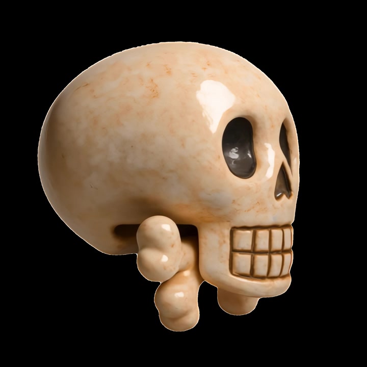 Stiliseret 3D-kranie og korslagte knogler, der roterer på sort baggrund