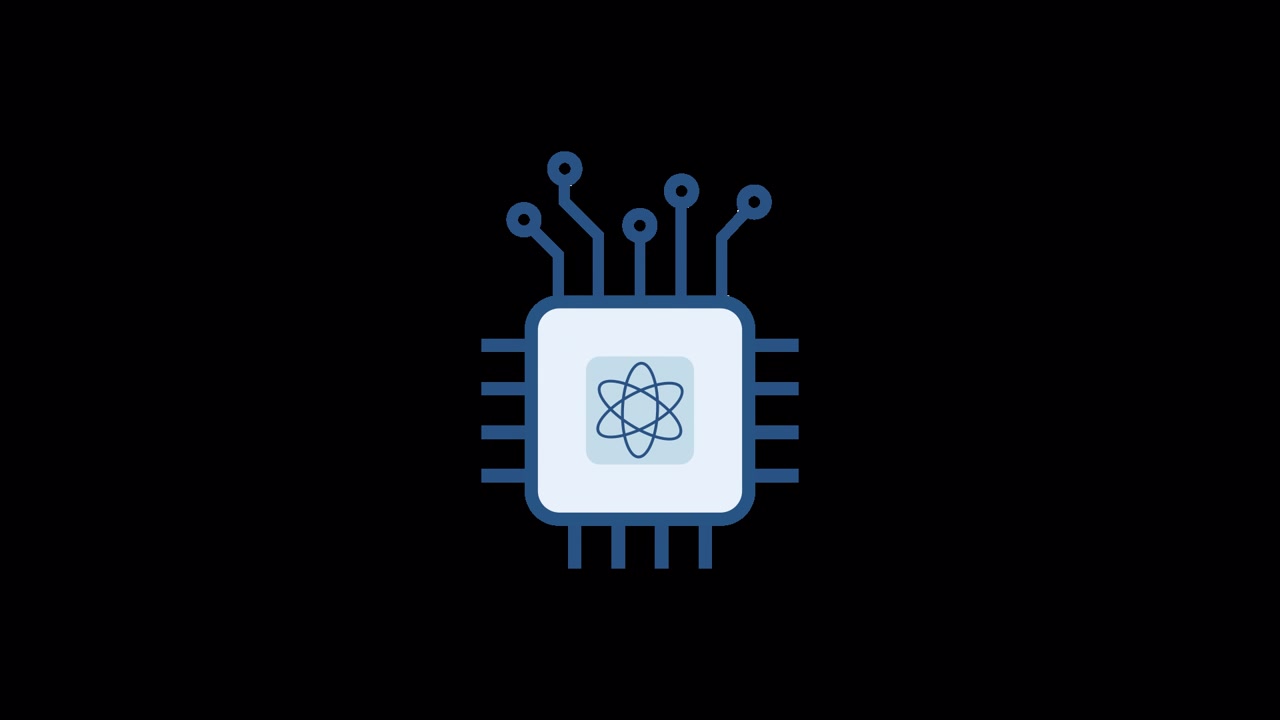 Animierter Mikrochip mit Atomsymbol auf schwarzem Hintergrund.