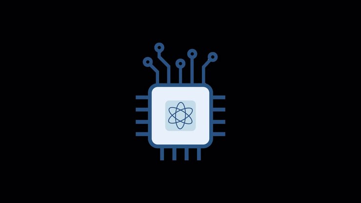 Animated Microchip with Atom Symbol on Black Background
