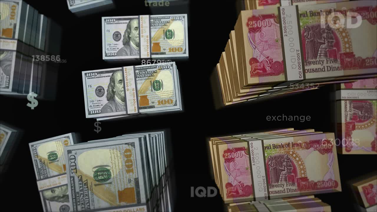 미국 달러와 이라크 디나르 화폐 교환 루프 애니메이션