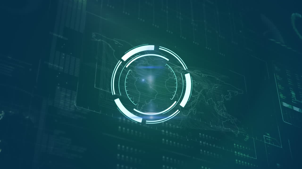 Round scanner over world map against digital interface with data processing on blue background