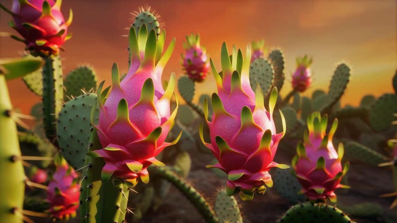 Frutto del drago che cresce su cactus in un paesaggio desertico al tramonto