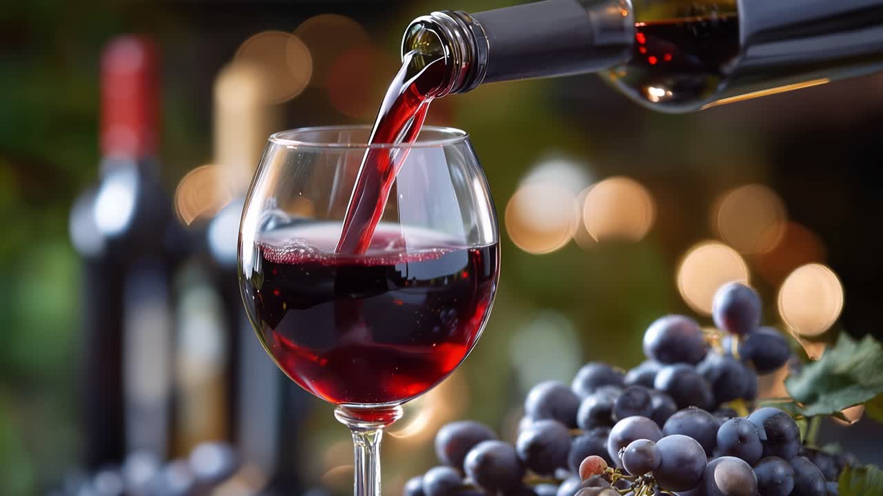 Vino rosso si versa in un bicchiere, ricco e profondo. Acini d'uva sono posati lì vicino, brillando sotto una luce soffusa. Bottiglie sfocate sullo sfondo, suggerendo abbondanza. Luci bokeh calde aggiungono un'atmosfera accogliente e invitante