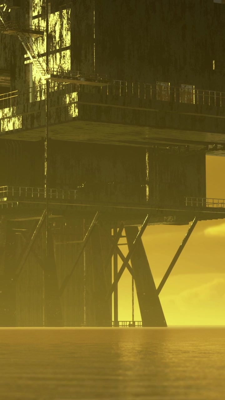 Plataforma petrolífera sobre el agua durante el atardecer en una zona industrial