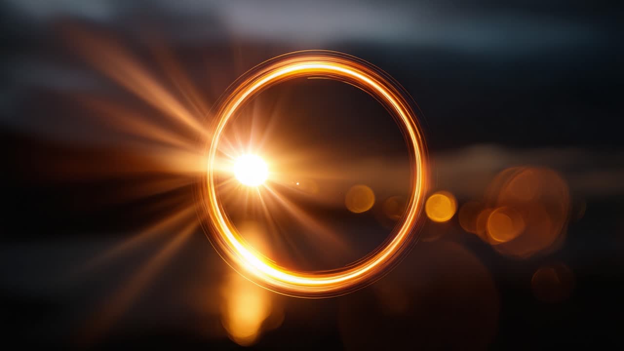 Una escena impresionante que muestra un sol radiante parcialmente oculto por una sombra circular, proyectando brillantes rayos de luz sobre una masa de agua tranquila al atardecer
