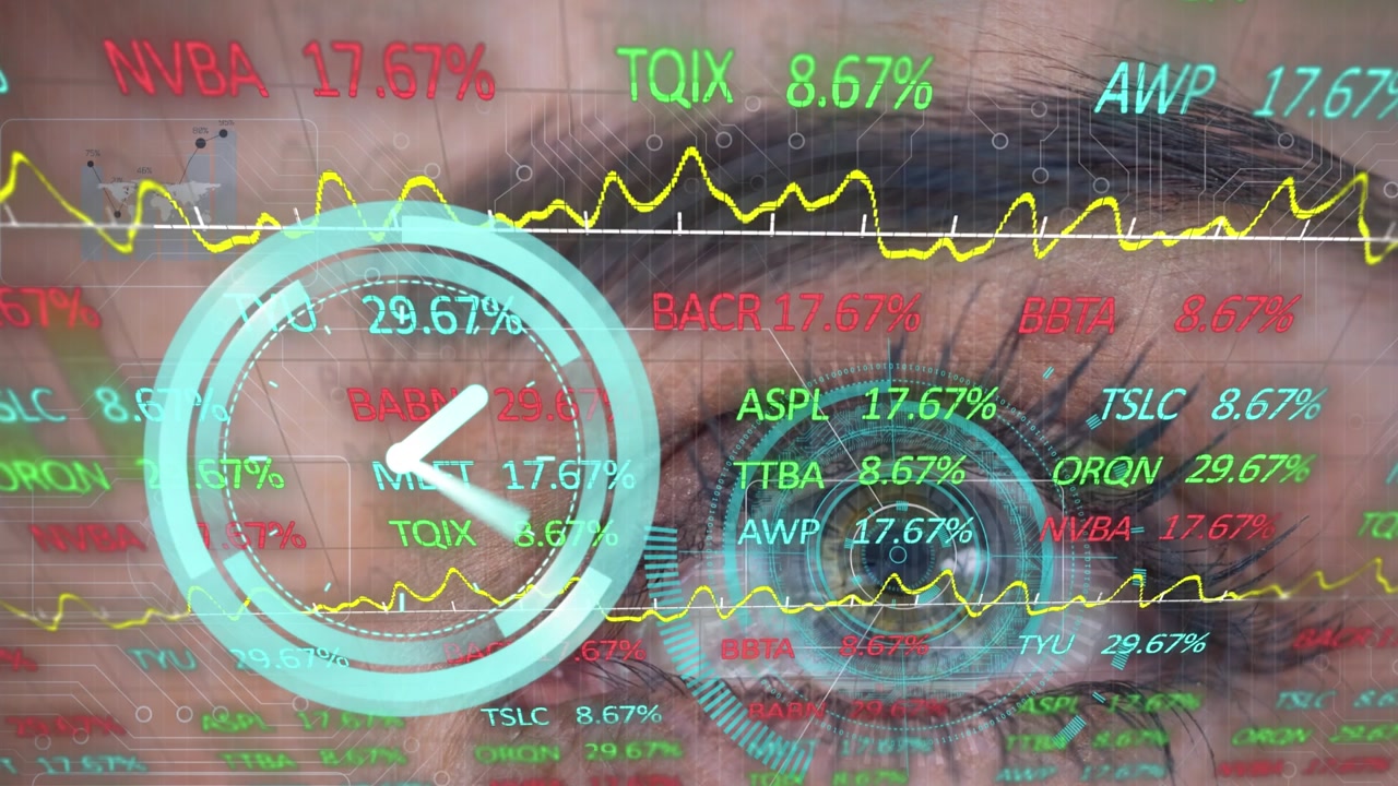 Animation of clock moving and financial data on digital screen over eye of caucasian woman