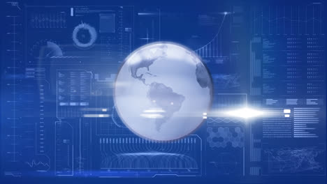 animation of a grey globe rotating with changing digital information and statistics in the backgroun