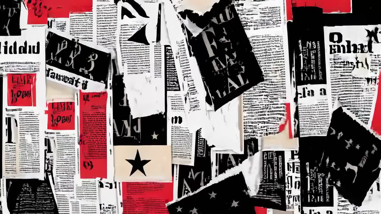 A collage of torn newspaper clippings in black, white, and red, captured from a straight-on angle