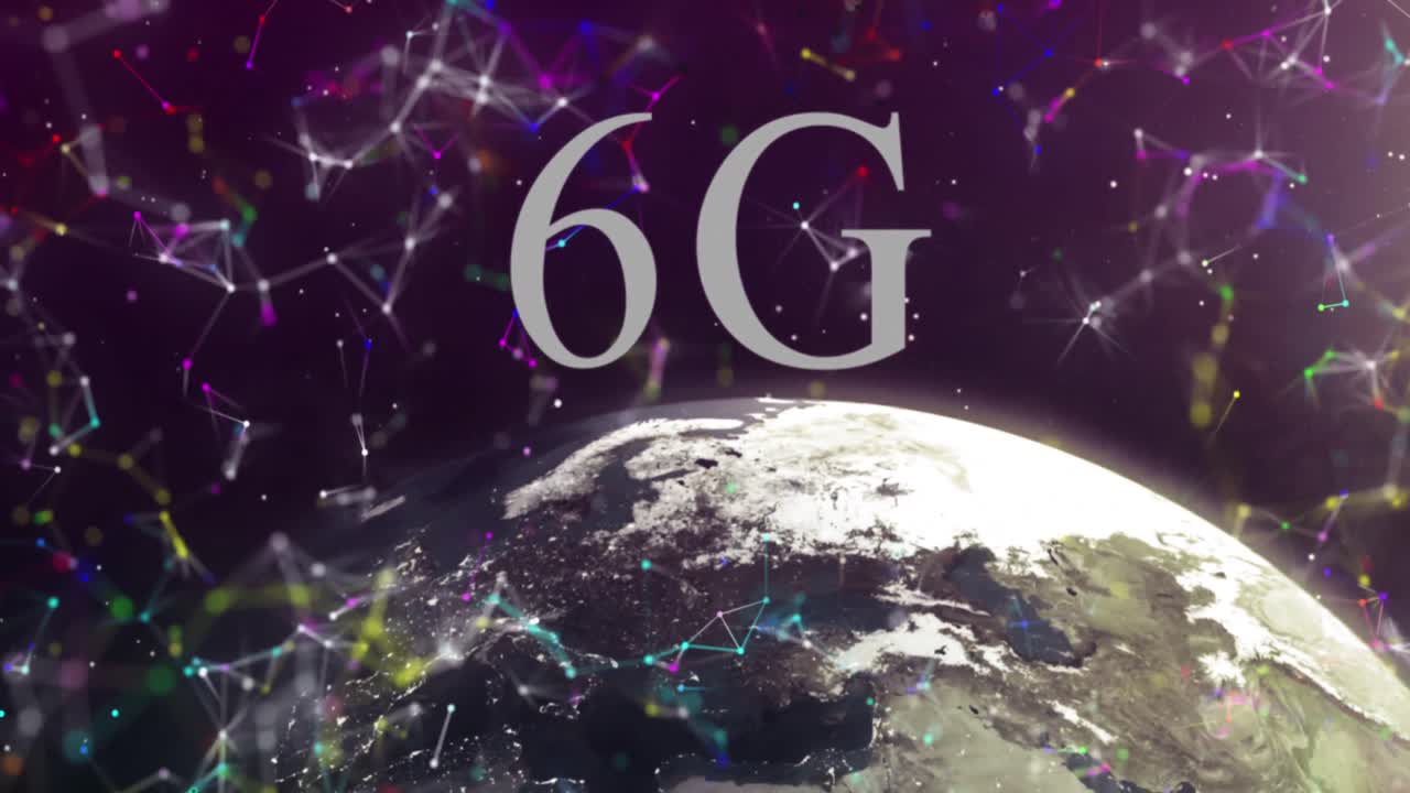 animación de texto de 6g sobre el globo y red de conexiones en fondo púrpura