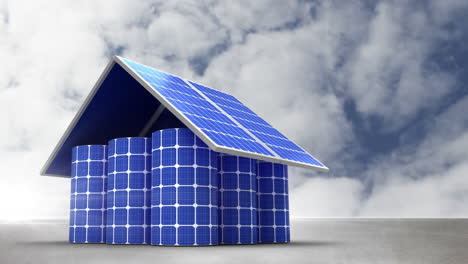 animation of house built with solar panels with sky in the background