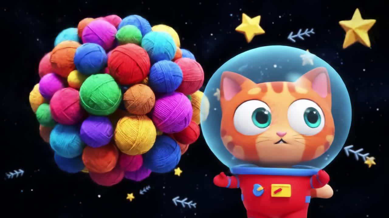 A Playful Cat Astronaut Explores Colorful Yarn Planets in a Whimsical Cosmic Adventure Filled with Stars and Imagination