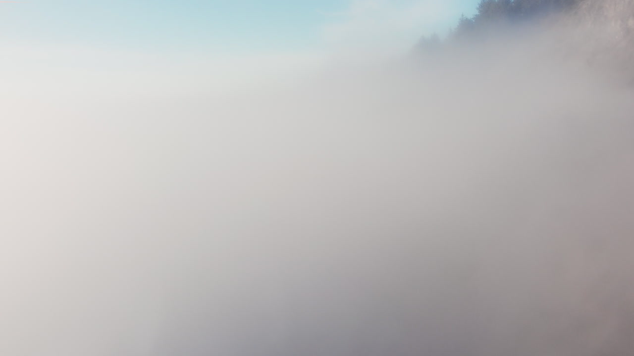 바다 위의 오레곤 해안의 안개를 통해 떠오르는 드론 샷