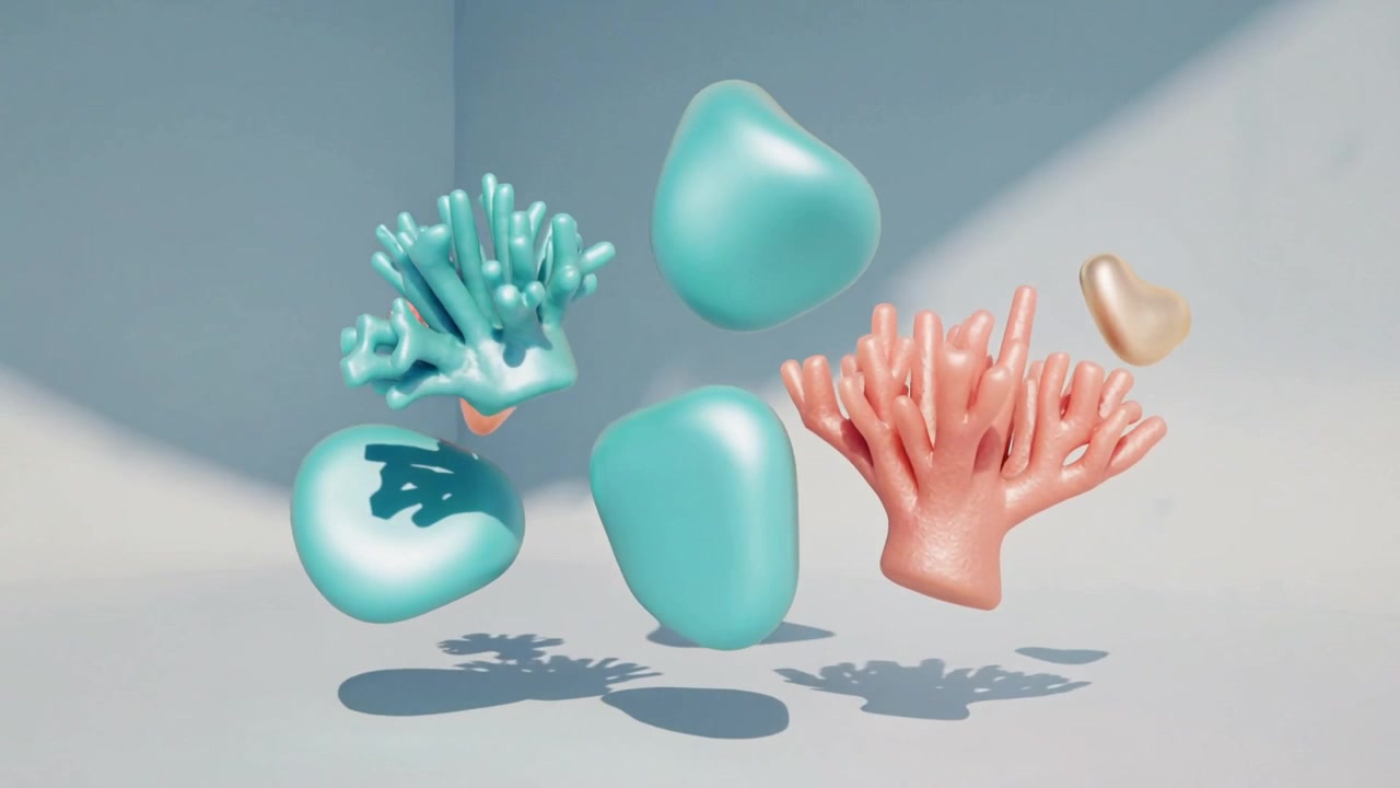 Rotating central cluster by beam in studio corner, shifting turquoise pebbles and pink coral