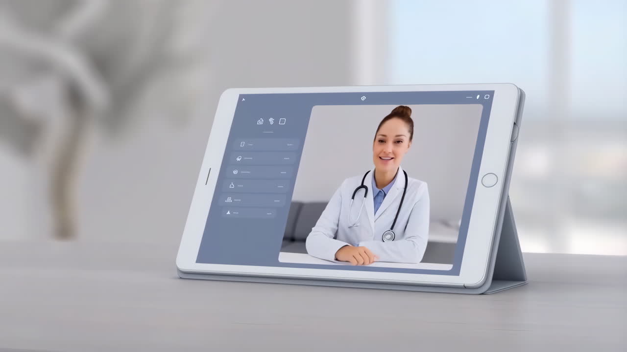 Médico em videochamada em um tablet, representando telemedicina ou consulta médica virtual