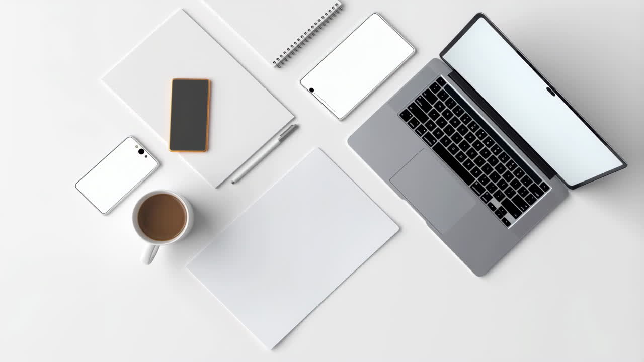 Minimalist Workspace with Laptop and Office Essentials on White Desk