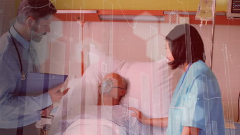 statistics showing over a senior patient wearing an oxygen mask talking with doctors in  background