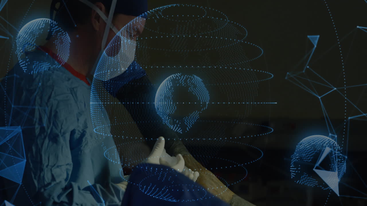 Surgeon performing knee operation in high-tech OR, with holographic globes guiding procedure