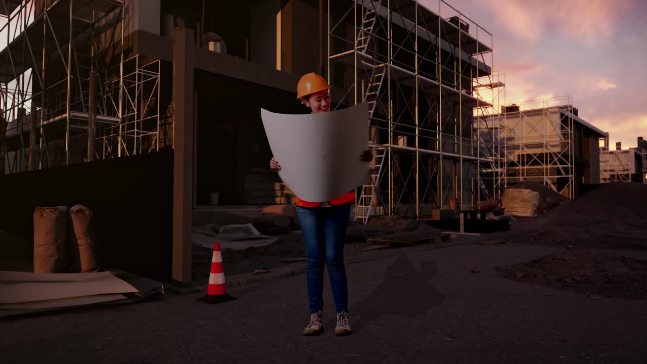 Full Body Of Asian Female Engineer With Safety Helmet Looking At Blueprint In Her Hands While Standing At Construction Site in Progress to New House