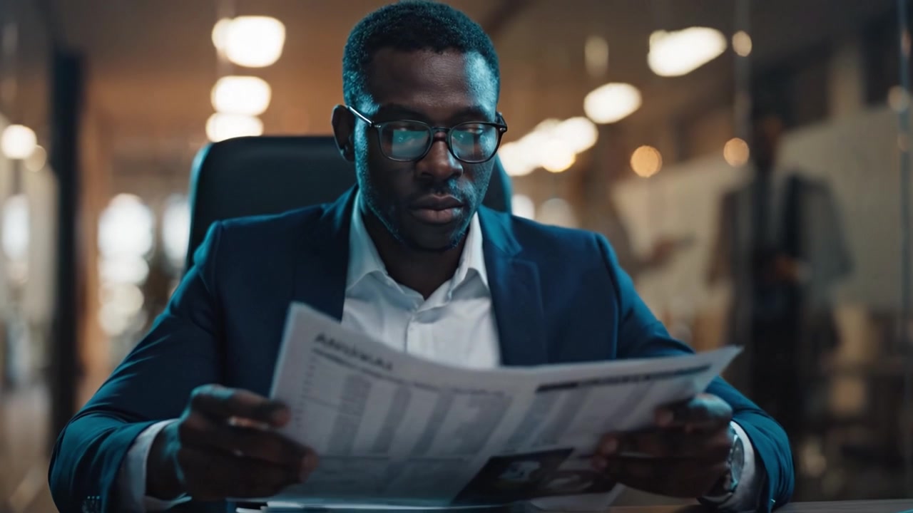 Focused Individual Analyzing Reports in a Professional Setting While Sitting at a Desk with a Calm and Concentrated Expression on Their Face