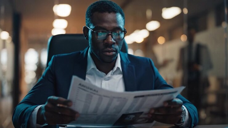 Focused Individual Analyzing Reports in a Professional Setting While Sitting at a Desk with a Calm and Concentrated Expression on Their Face