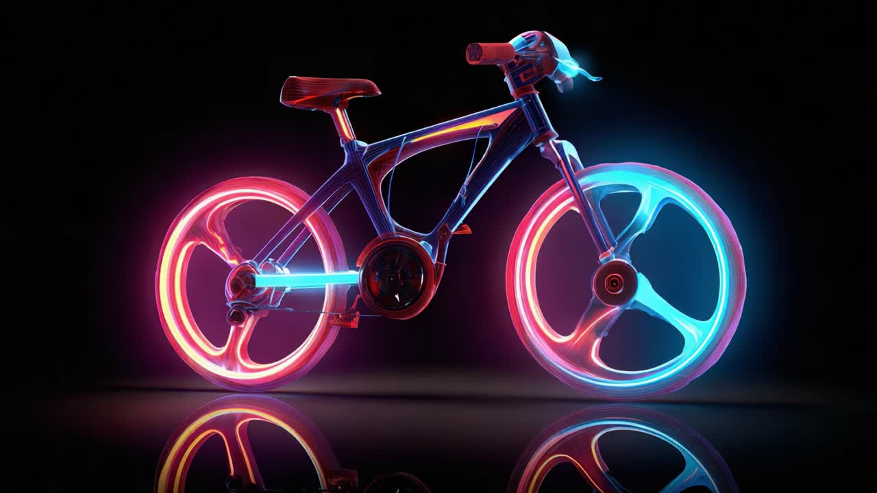 A vibrant and futuristic bike designed with glowing neon wheels and sleek lines, showcasing artistic innovation in modern cycling aesthetics under an artistic spotlight