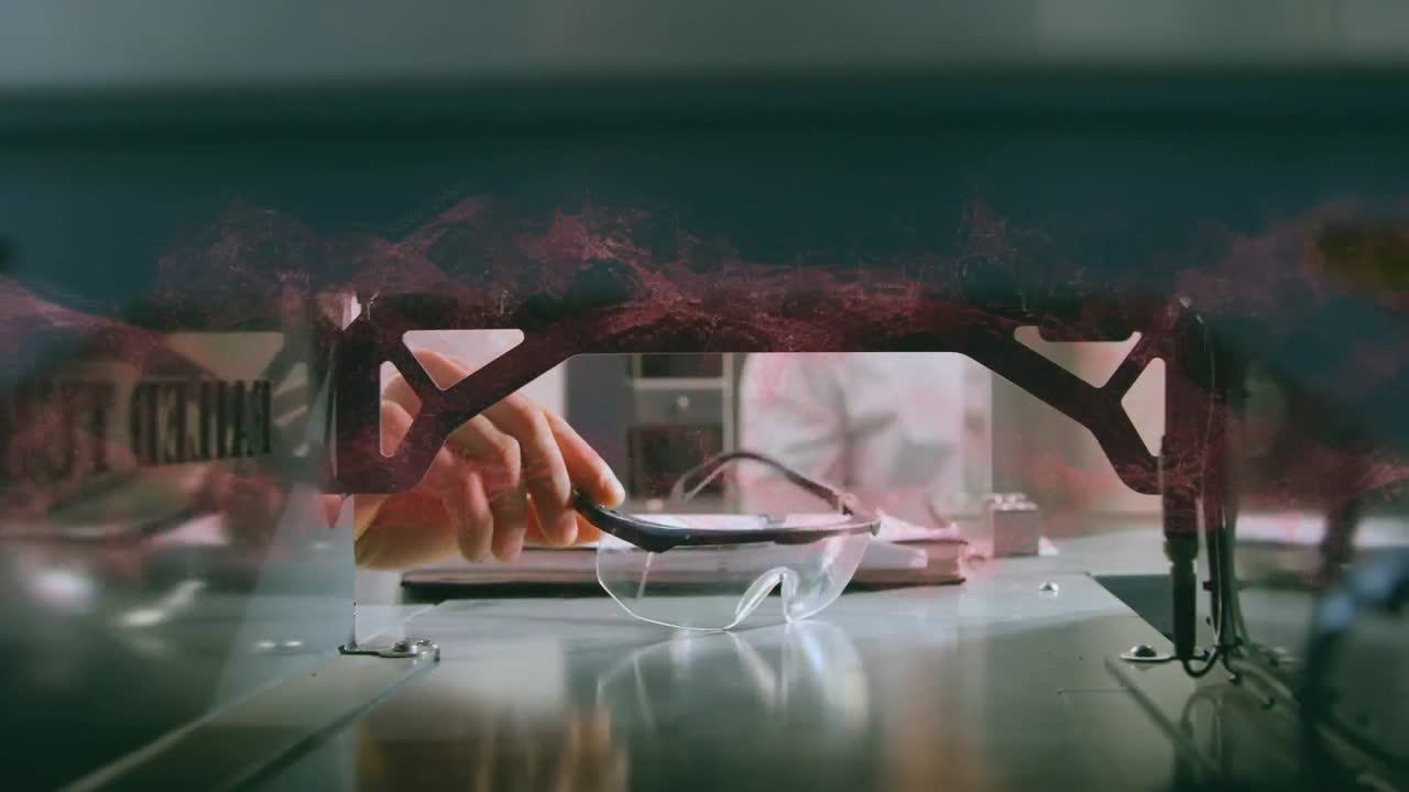 animación de una cadena de adn girando sobre un científico masculino con gafas