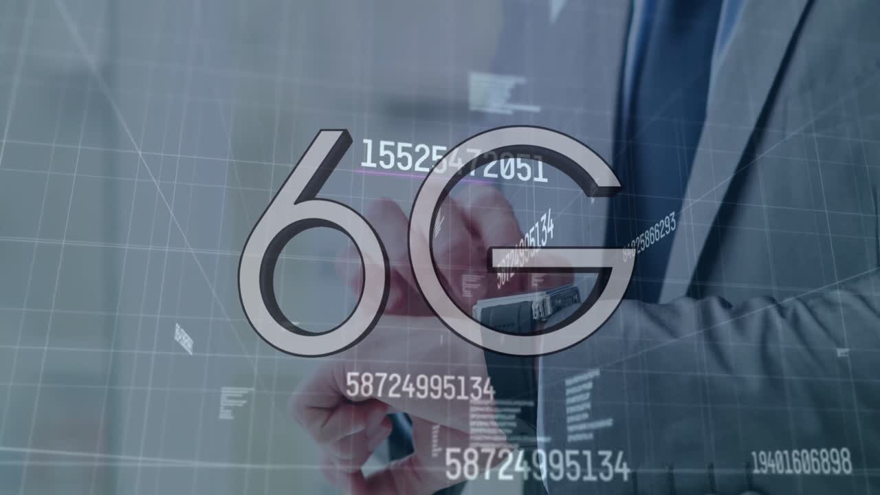 스마트워치를 사용하는 사업가 중간 섹션에 대한 6g 텍스트와 여러 번 변경되는 숫자