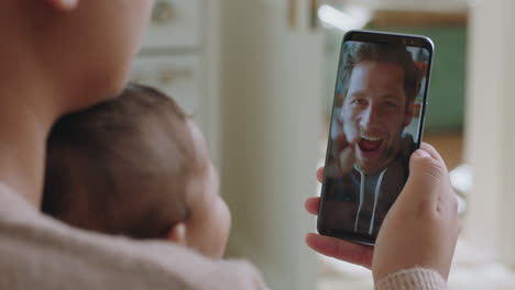 Madre-Y-Bebé-Conversando-Por-Video-Con-Su-Padre-Usando-Un-Teléfono-Inteligente-Saludando-A-Un-Niño-Pequeño-Disfrutando-De-Una-Conexión-Familiar-Teniendo-Una-Relación-De-Larga-Distancia-Por-Teléfono-Móvil