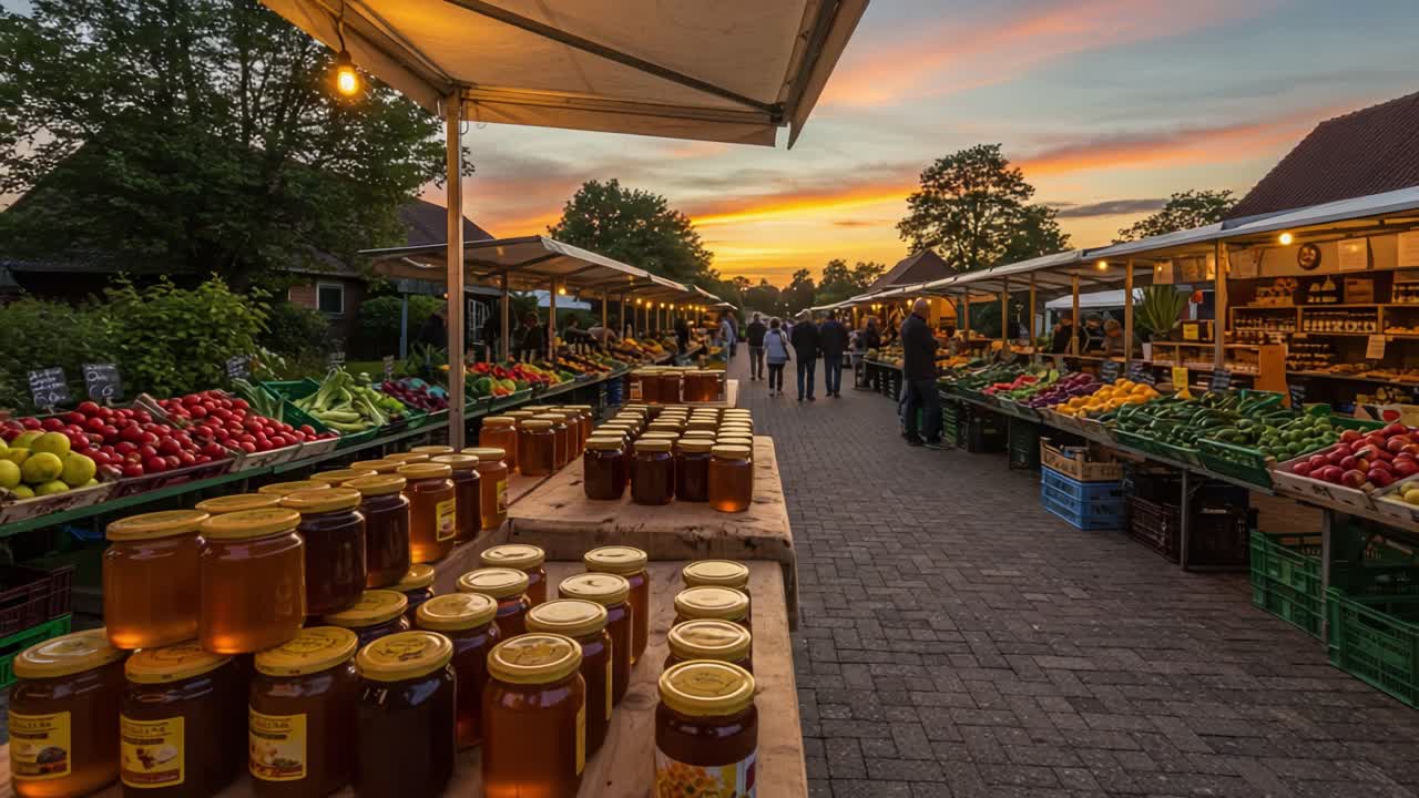 Vibrant Sunset at a Bustling Farmers Market: A Peaceful Evening Filled with Fresh Produce, Honey Jars, and Community Vibes Under a Colorful Sky