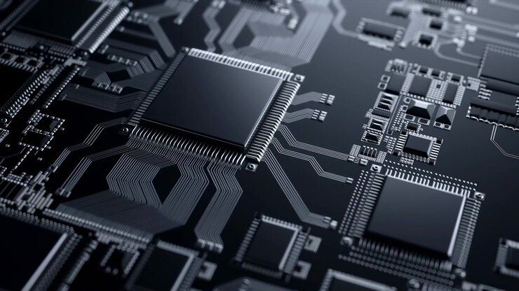 Closeup view of dense circuit board packed with microchips, copper traces, soldered components and metallic sheen, glowing under moody light with subtle digital energy and futuristic tech atmosphere