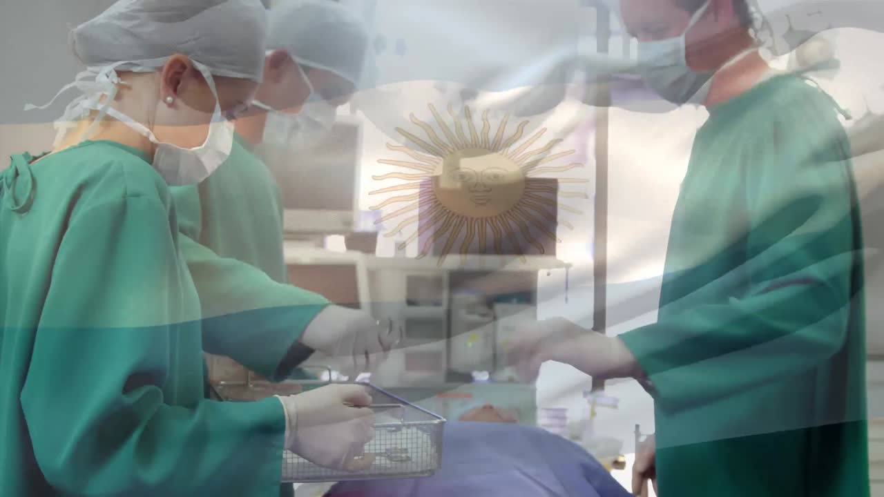 animación de la bandera argentina ondeando sobre los cirujanos en el quirófano