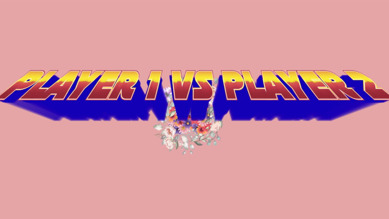 꽃과 함께 디지털 추상 공간에서 플레이어 1 대 플레이어 2의 애니메이션