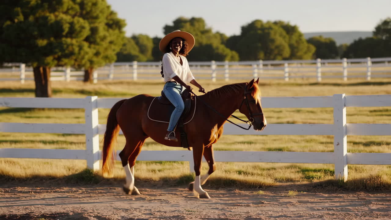 A woman riding a horse in a fenced field