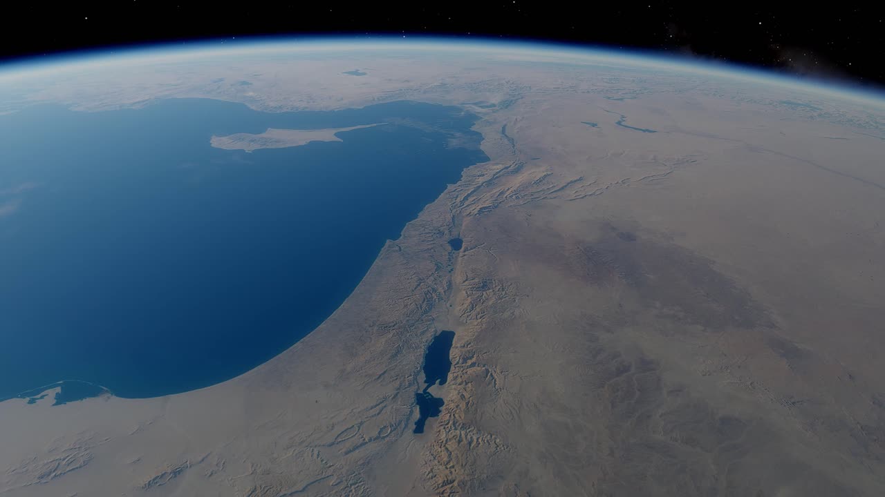 Palestiinan tai Israelin maa-alue korkealta kiertoradalta tai Maan yläpuolelta hitaasti liikkuen.