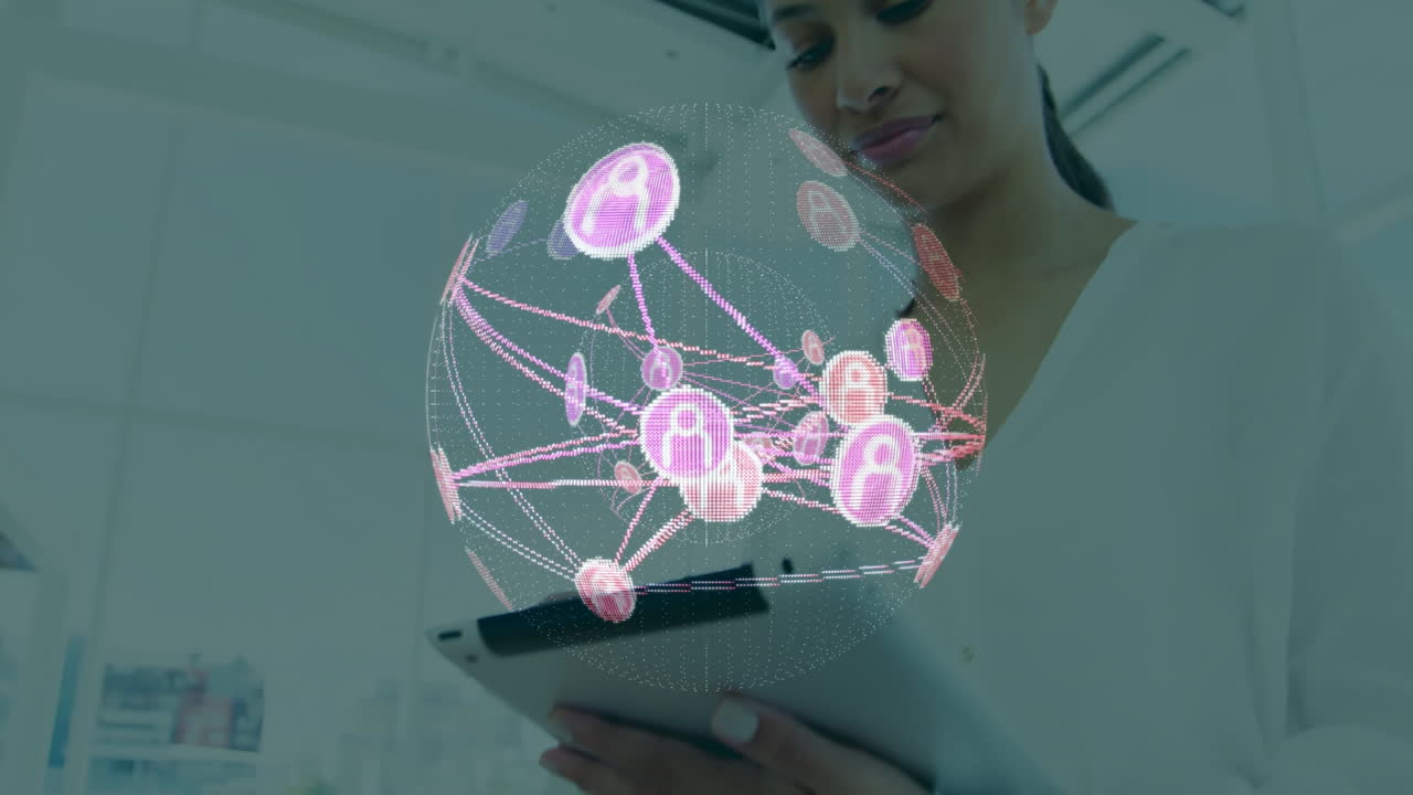 Holding tablet with digital network sphere animation, woman in office setting