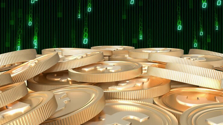Pile di monete d'oro con animazione di codice binario sullo sfondo