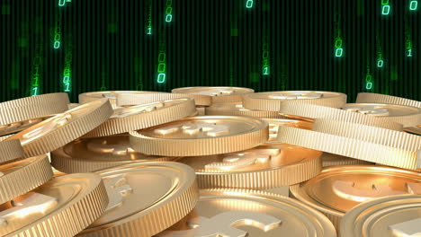 stacks of gold coins with binary code animation in background